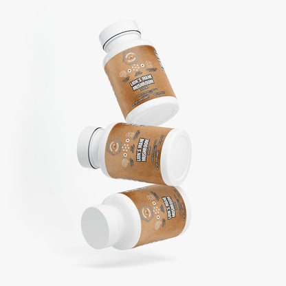 Lion's Mane mushroom supplement bottles with white caps and brown labels