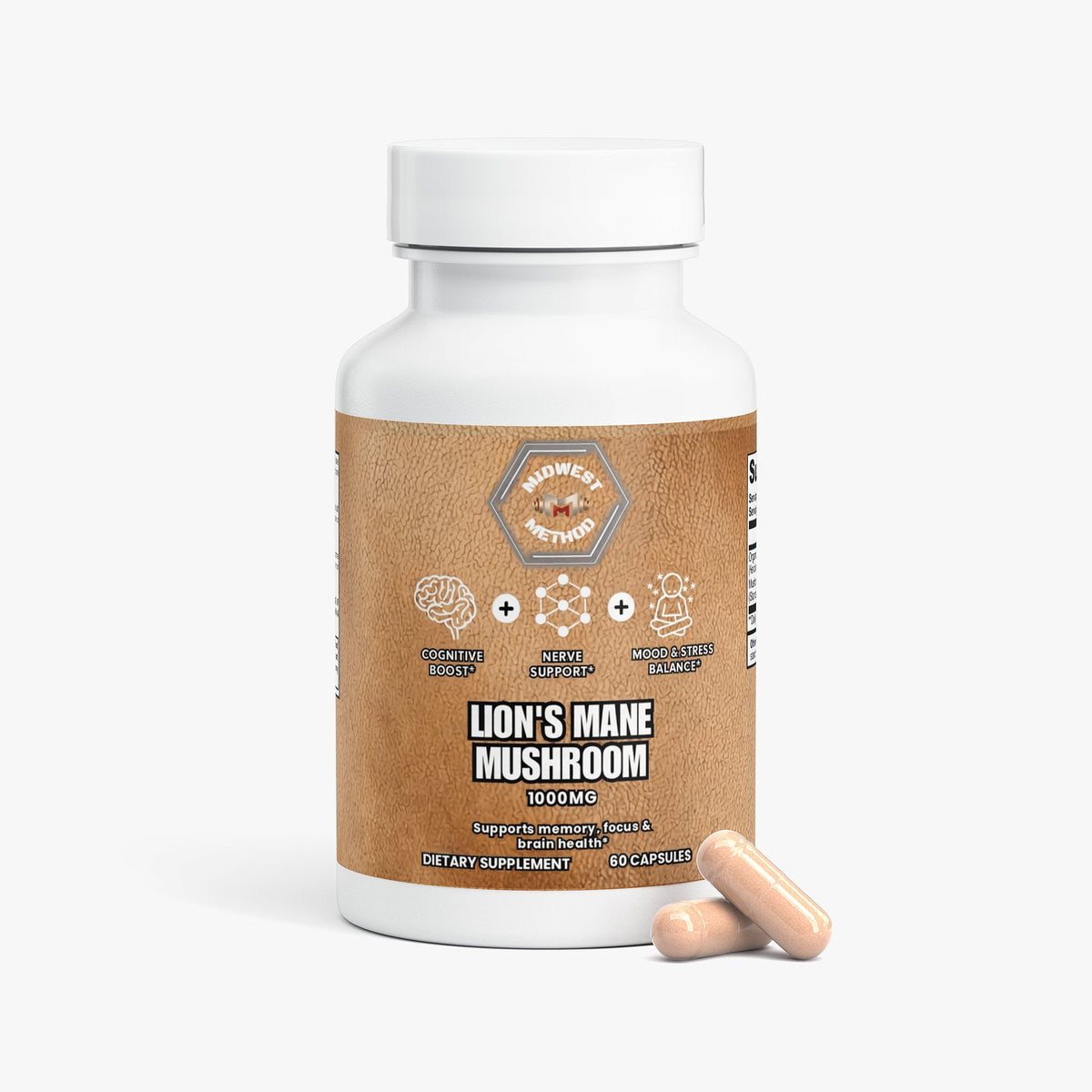 Lion's Mane mushroom supplement bottle with tan capsules on white surface