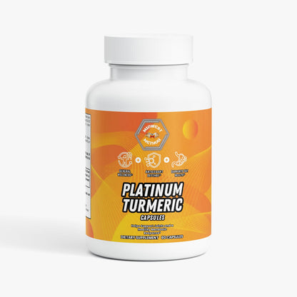 Turmeric supplement bottle with orange label and ribbed white cap, front view