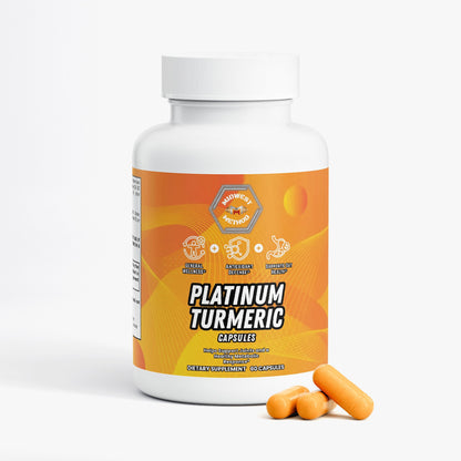 Turmeric supplement bottle with orange label and orange capsules near the base