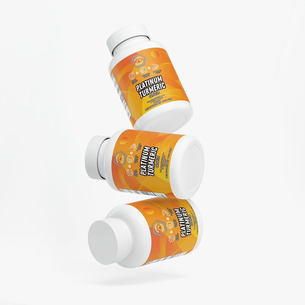 Turmeric supplement bottles with orange labels, stacked and angled