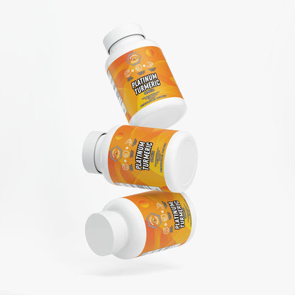 Turmeric supplement bottles with orange labels, stacked and angled