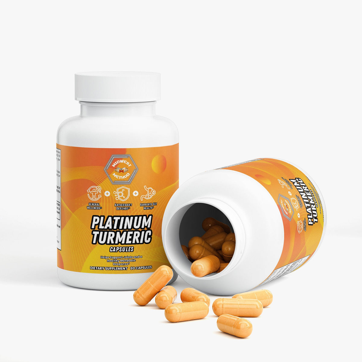 Turmeric supplement bottle with open lid, showing orange capsules inside