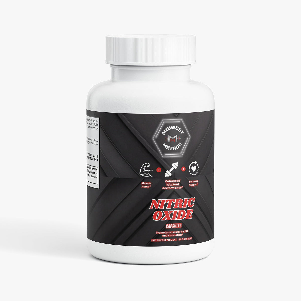 Supplement bottle with dark label and red “Nitric Oxide” text, white cap