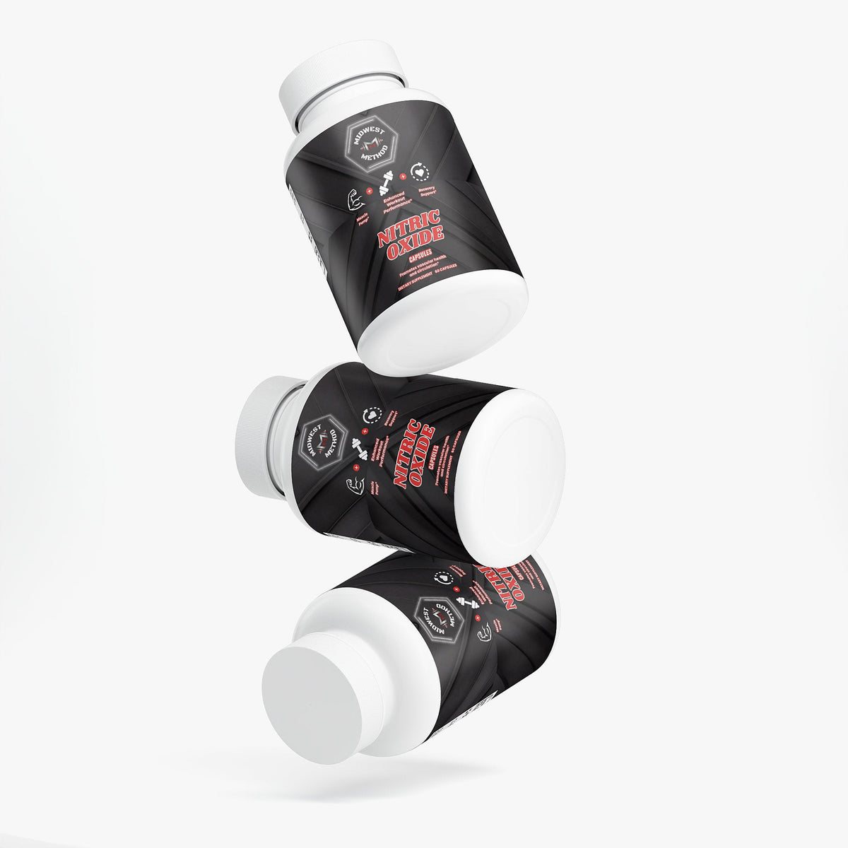 Supplement bottle with dark label and white cap, shown at an angle with cap open