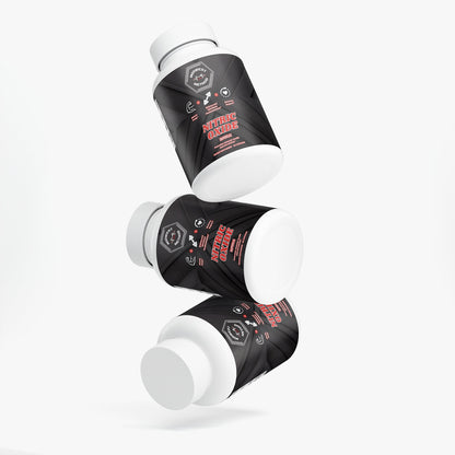 Supplement bottle with dark label and white cap, shown at an angle with cap open