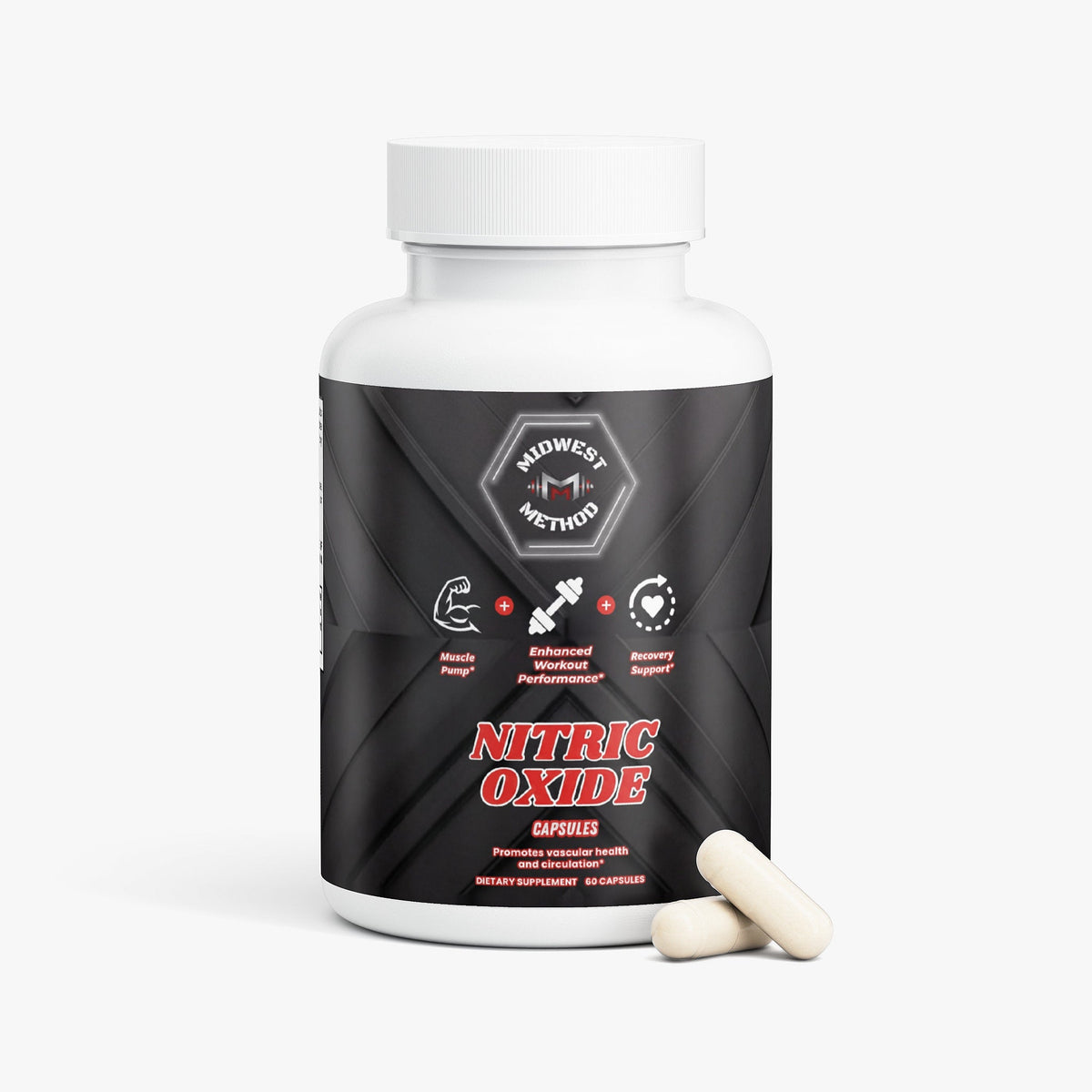 Supplement bottle with dark label and white cap, with cream capsules beside it