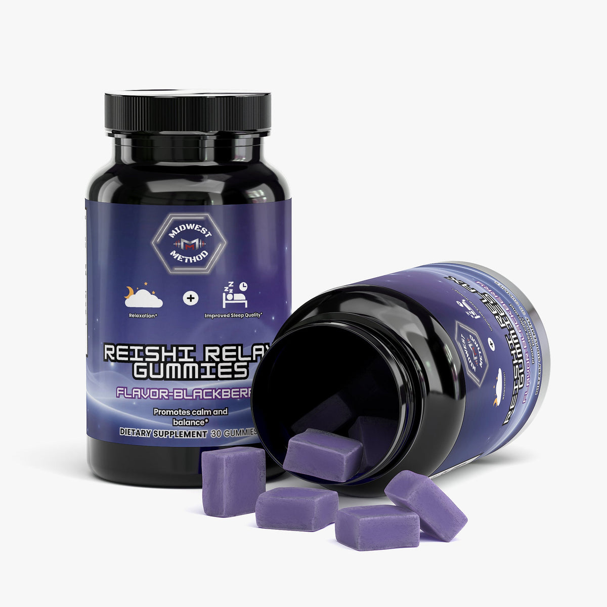 Gummy bottle tilted with purple gummy cubes; label side faces the camera.