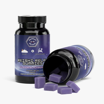 Gummy bottle tilted with purple gummy cubes; label side faces the camera.