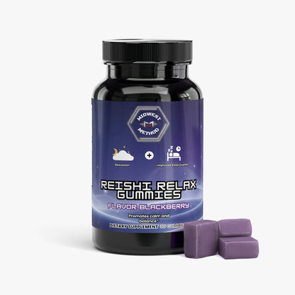 Gummy bottle with flip-top lid and purple gummy cubes beside it.