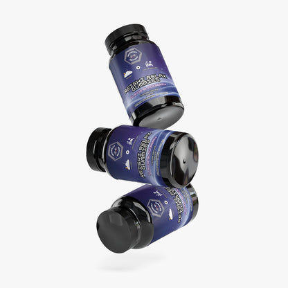 Gummy bottles shown at angles with black caps and blue label panels.