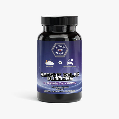 Reishi Relax gummy bottle with flip-top lid; front label indicates Blackberry flavor.