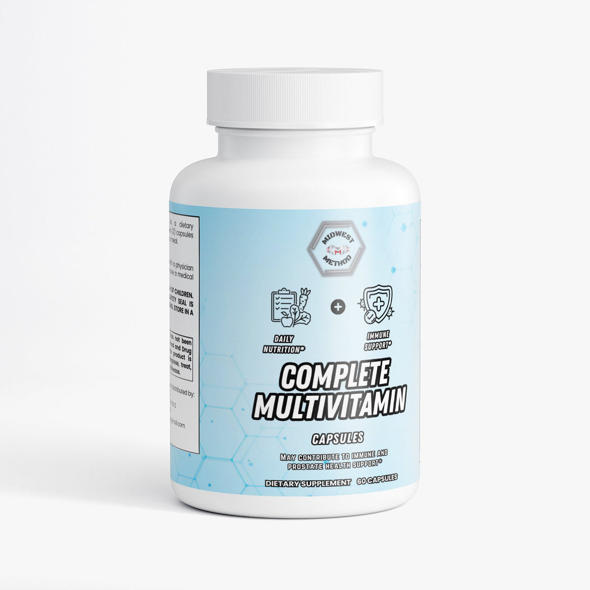 Multivitamin supplement bottle with blue label and white cap, front view