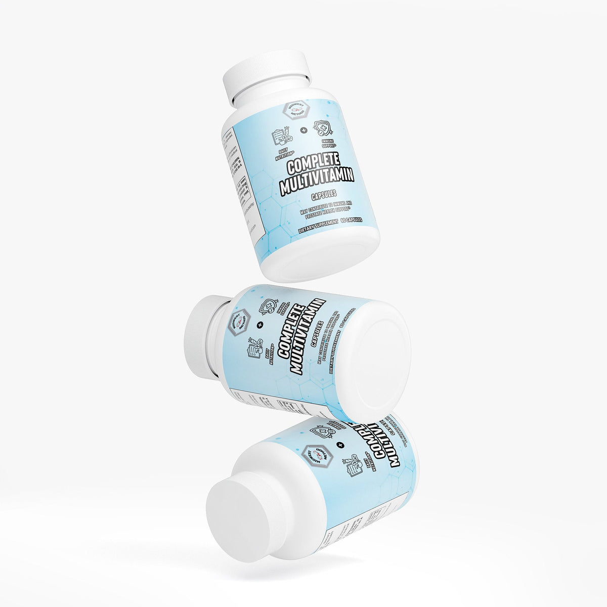 Multivitamin supplement bottle and capsules, angled view with label visible