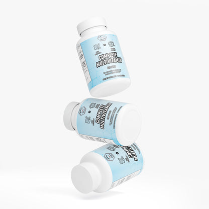 Multivitamin supplement bottle and capsules, angled view with label visible