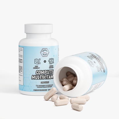 Multivitamin supplement bottle with open side showing beige capsules inside