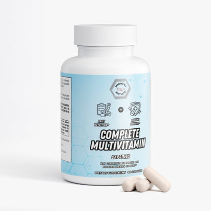Multivitamin supplement bottle with blue label and white cap, with capsules beside it