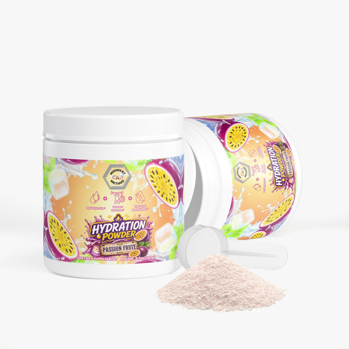Passion fruit hydration powder tub with lid tipped back and light pink powder