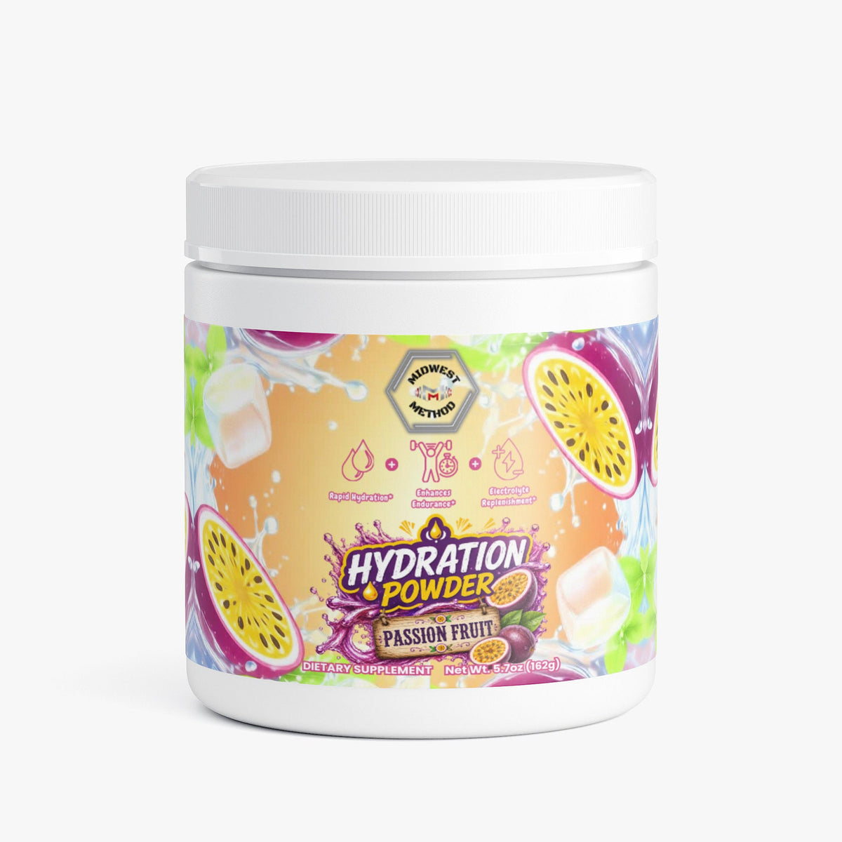 Passion fruit hydration powder tub with white screw-top lid
