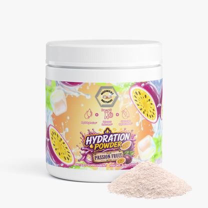Passion fruit hydration powder tub with light pink powder mound beside it