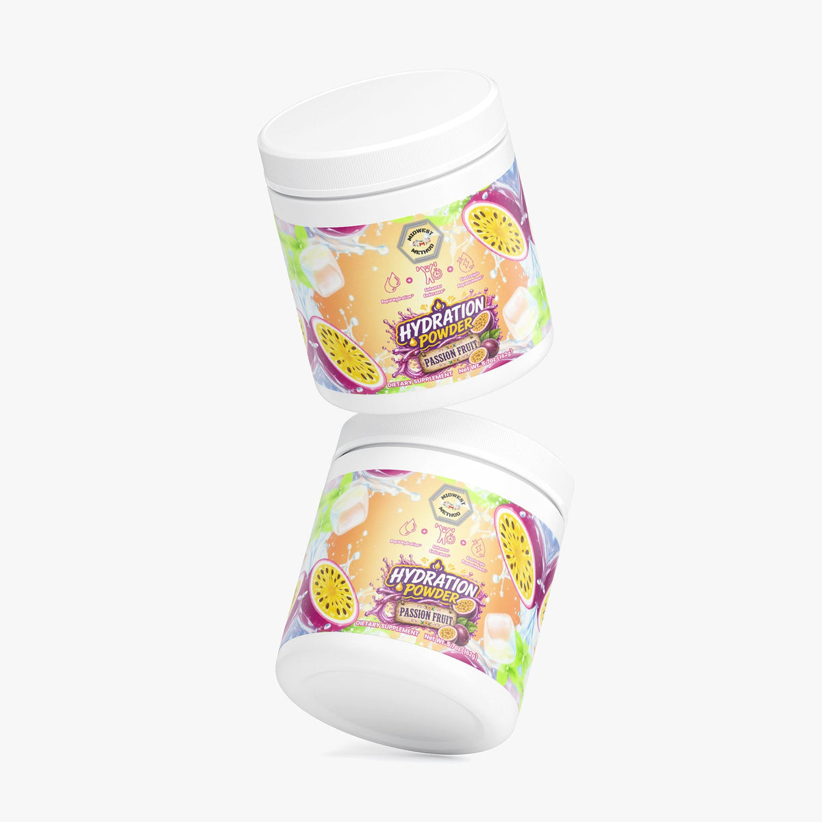 Passion fruit hydration powder tub, two views with light pink powder visible