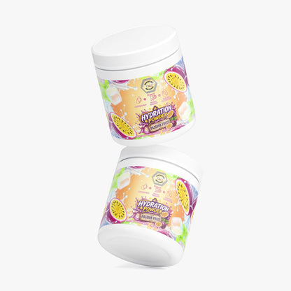 Passion fruit hydration powder tub, two views with light pink powder visible