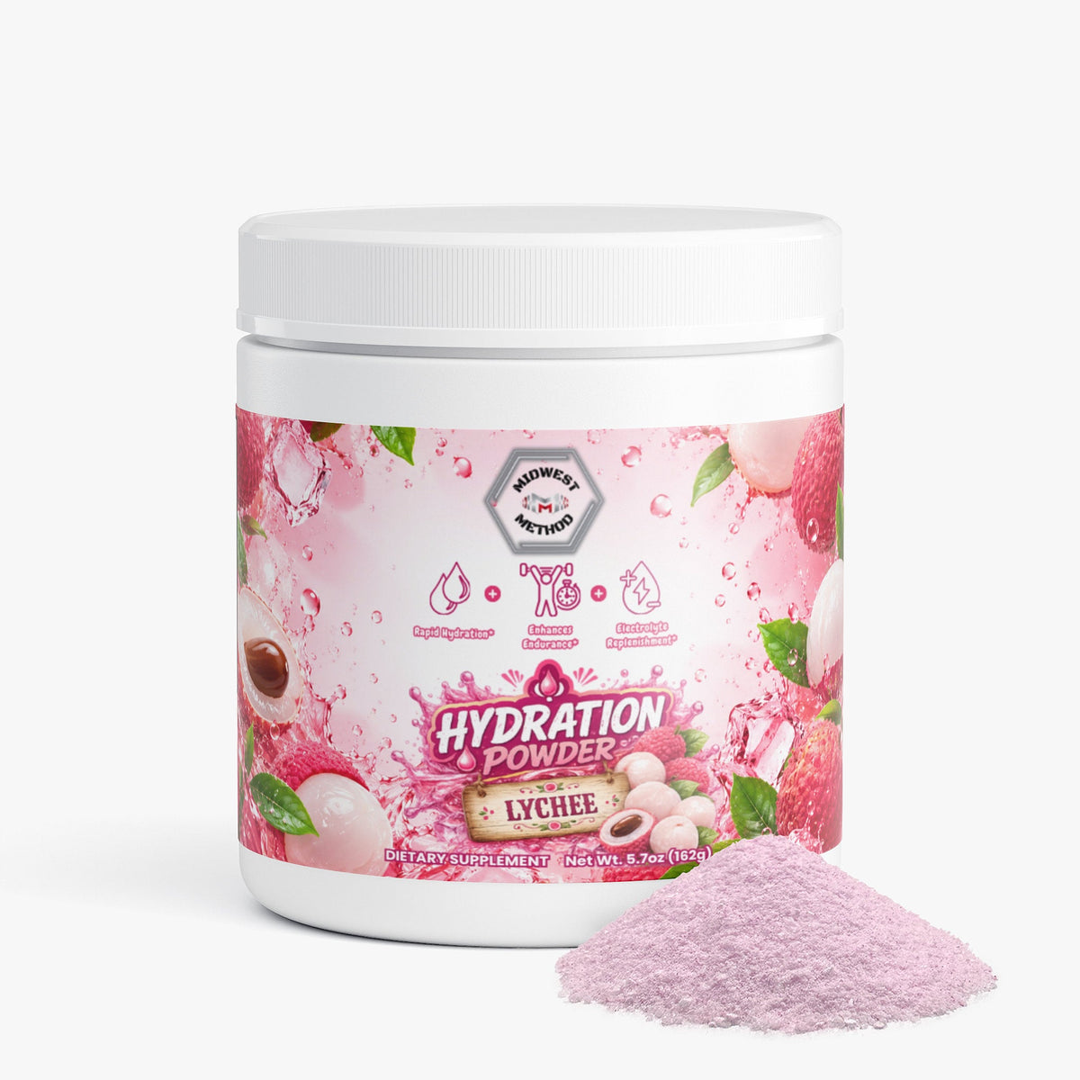 White supplement jar of Lychee hydration powder with loose pink powder beside it