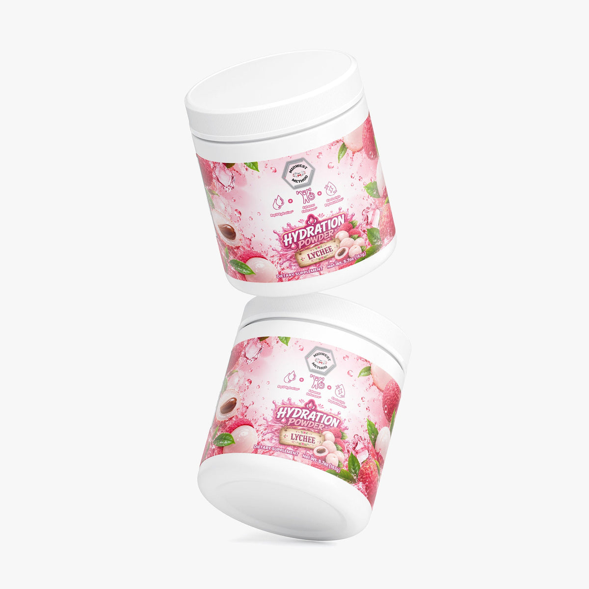 Two white supplement jars with pink Lychee hydration powder labels