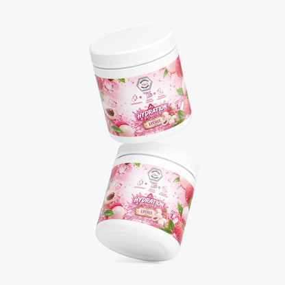 Two white supplement jars with pink Lychee hydration powder labels