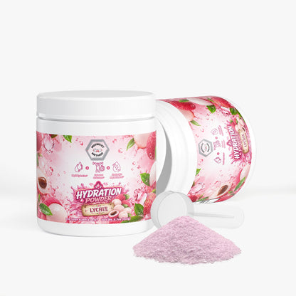 Lychee hydration powder jar with open lid and pink powder mound