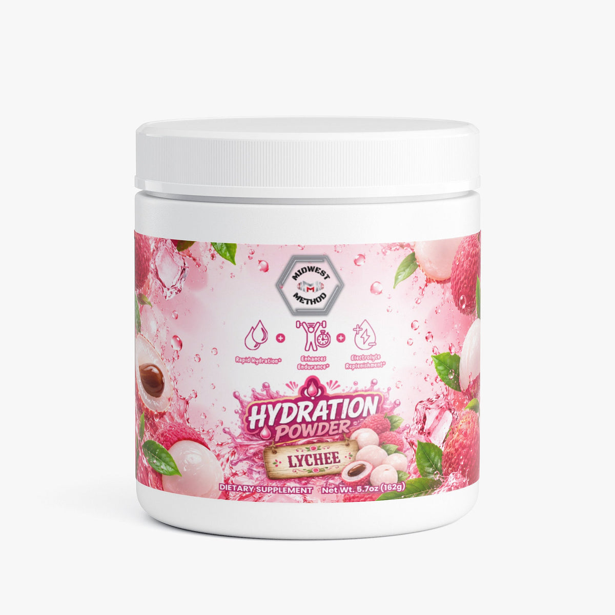White supplement jar with pink Lychee hydration powder label
