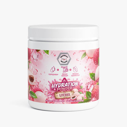 White supplement jar with pink Lychee hydration powder label