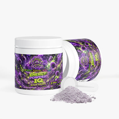 Energy powder tub with open side and scooped powder, purple label visible