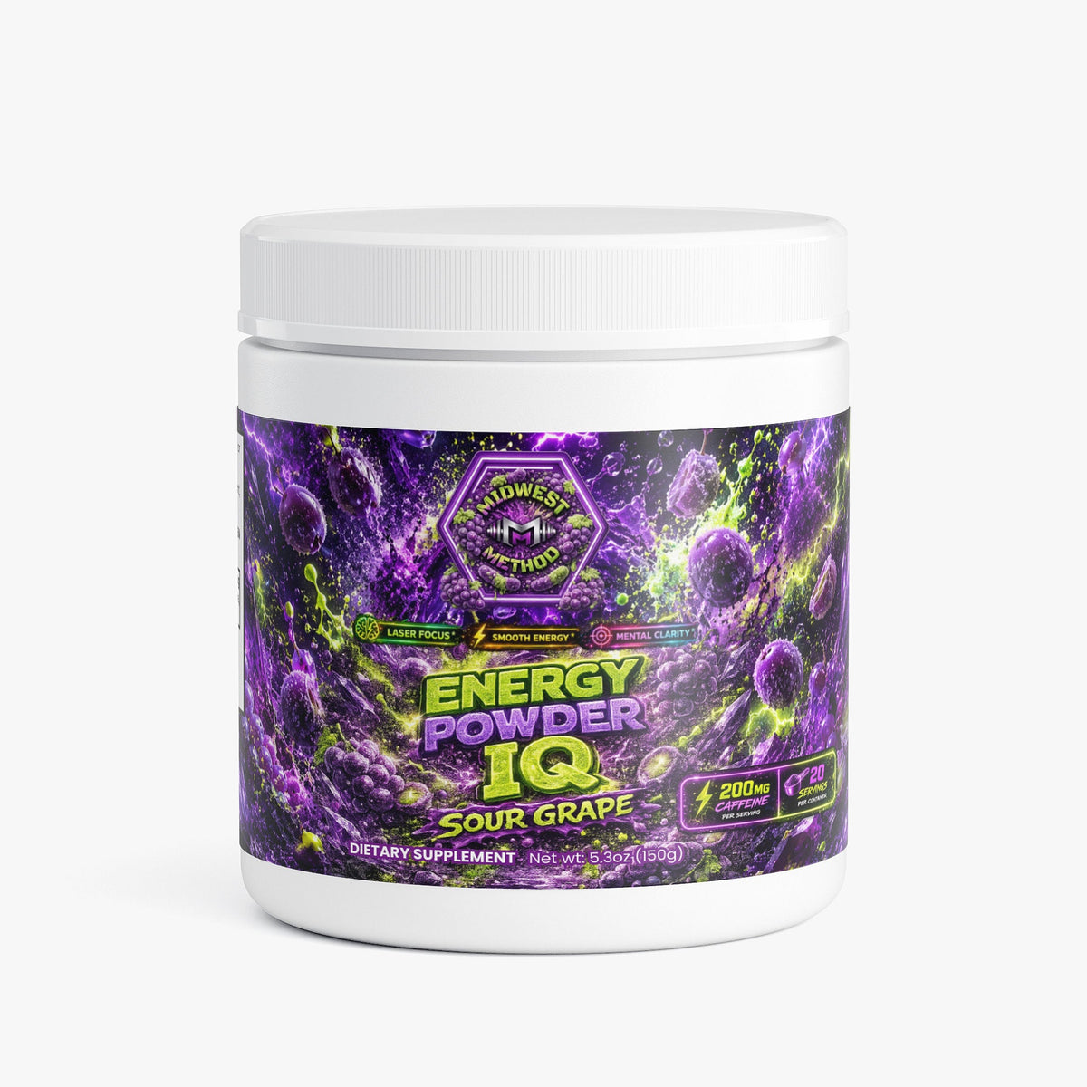 Energy powder tub with white lid, purple sour grape flavor label