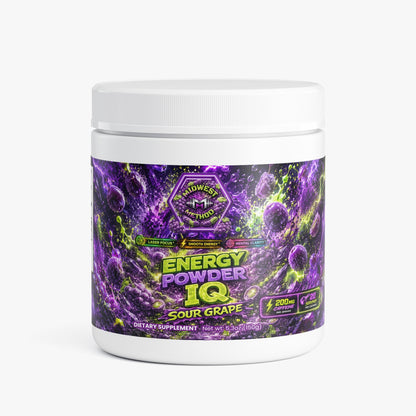 Energy powder tub with white lid, purple sour grape flavor label