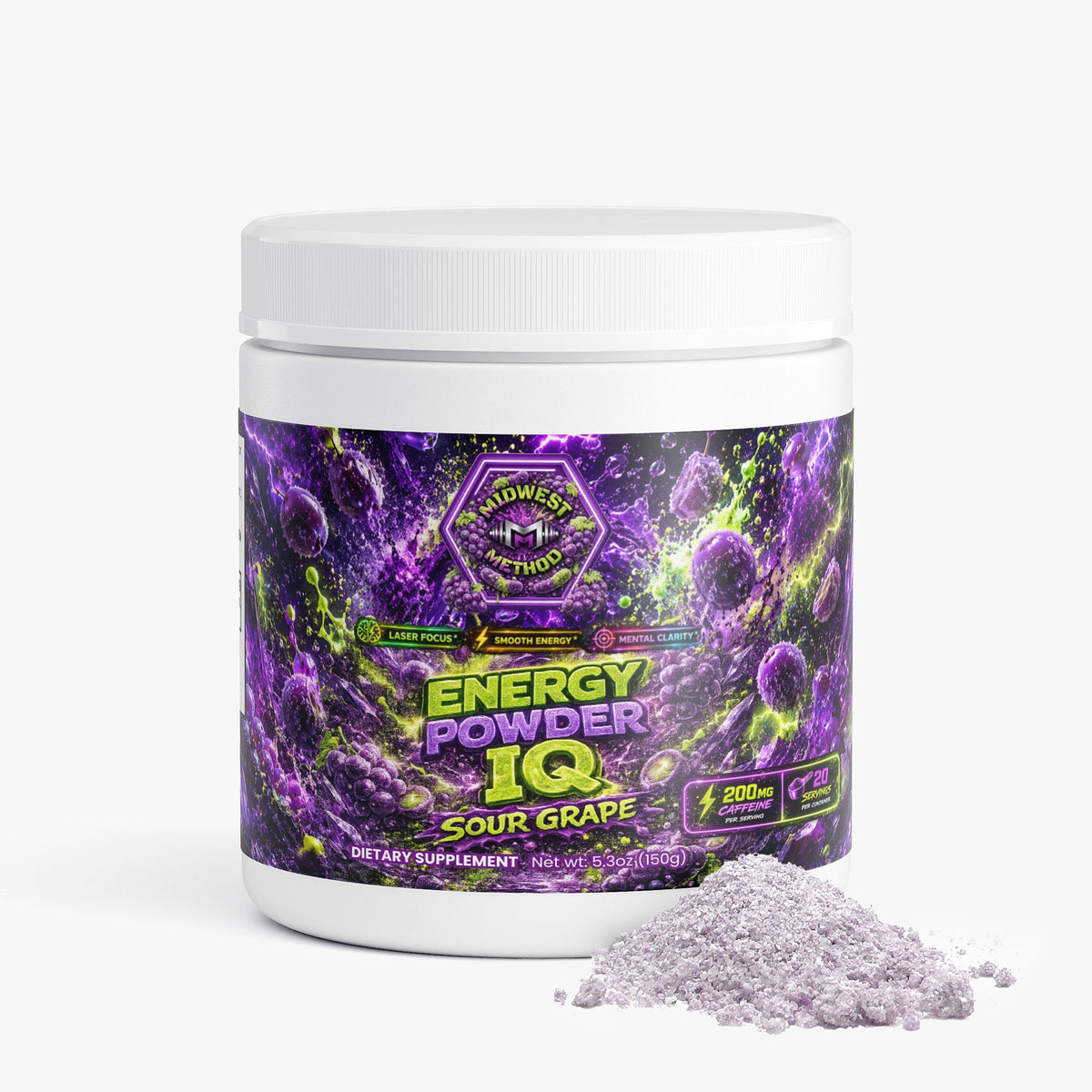 Energy powder tub with purple sour grape label and loose powder beside it