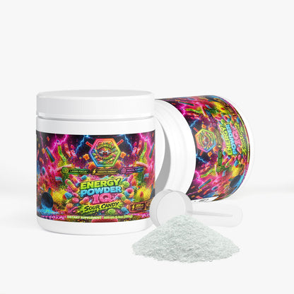 Energy powder supplement jar with open lid and pale gray powder beside it.