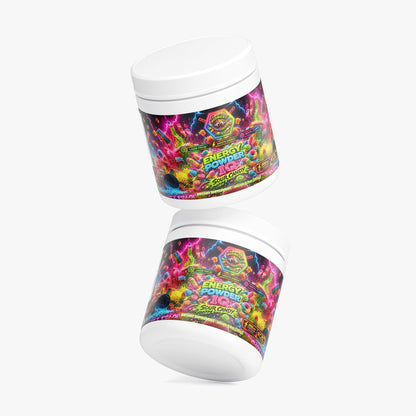 Energy powder supplement jar with colorful sour candy label in white plastic container.