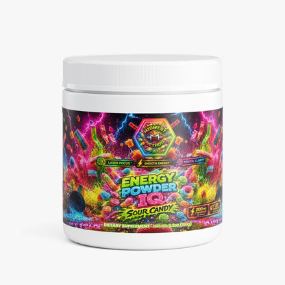 Energy powder supplement jar with white lid and colorful sour candy flavor label.