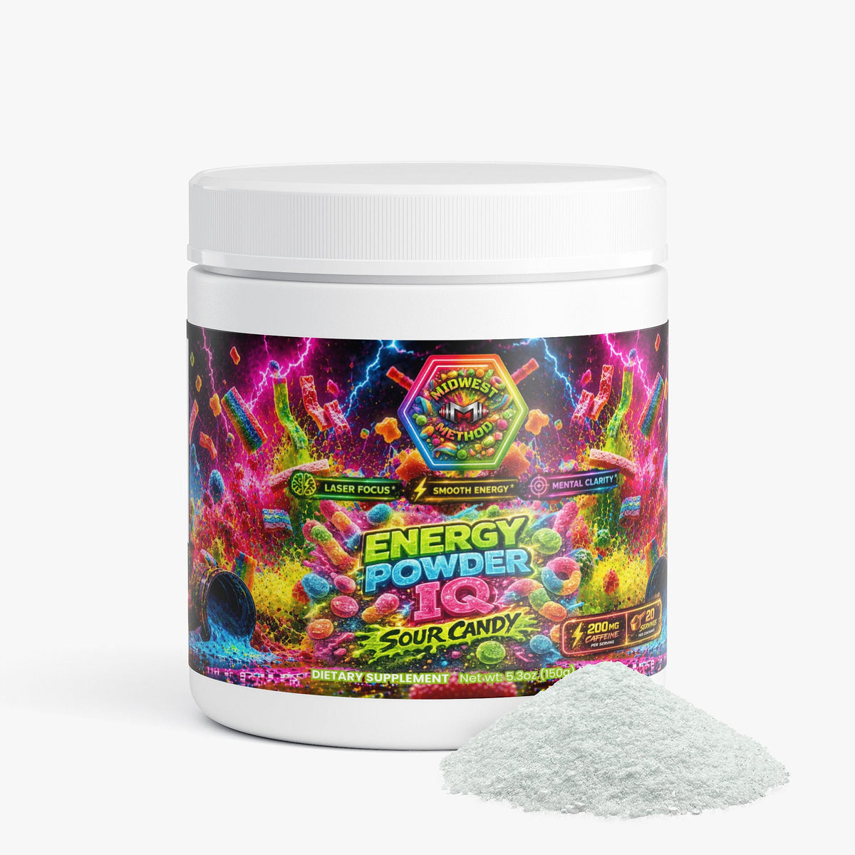 Energy powder supplement jar with white lid and a pile of pale gray powder.