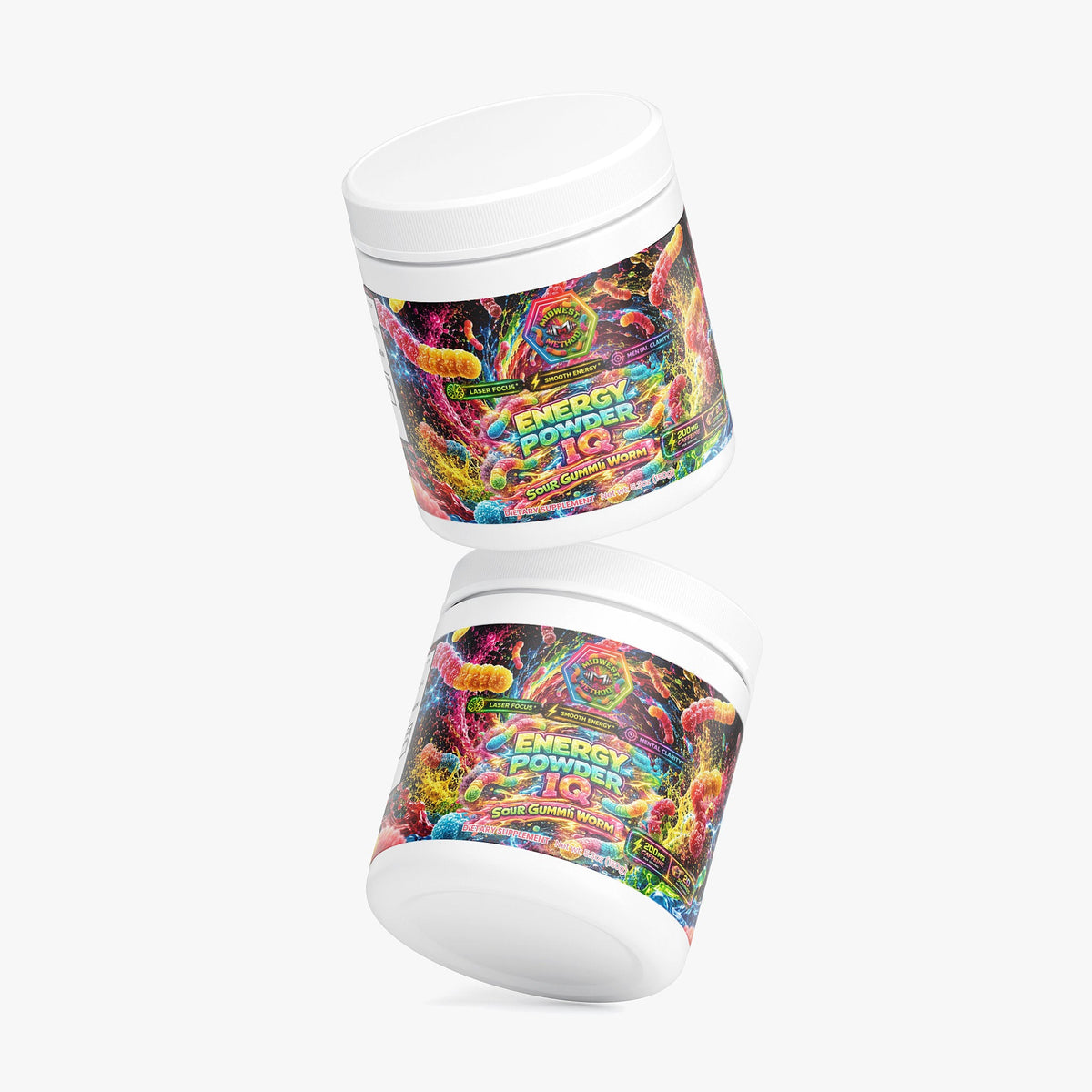 Energy powder containers, white lids; colorful front label shown from angled views