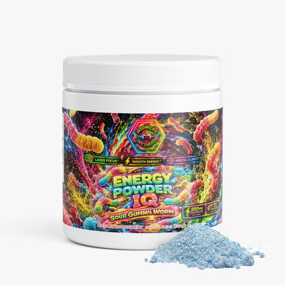 Energy powder container with white lid; blue powder spilled beside the container