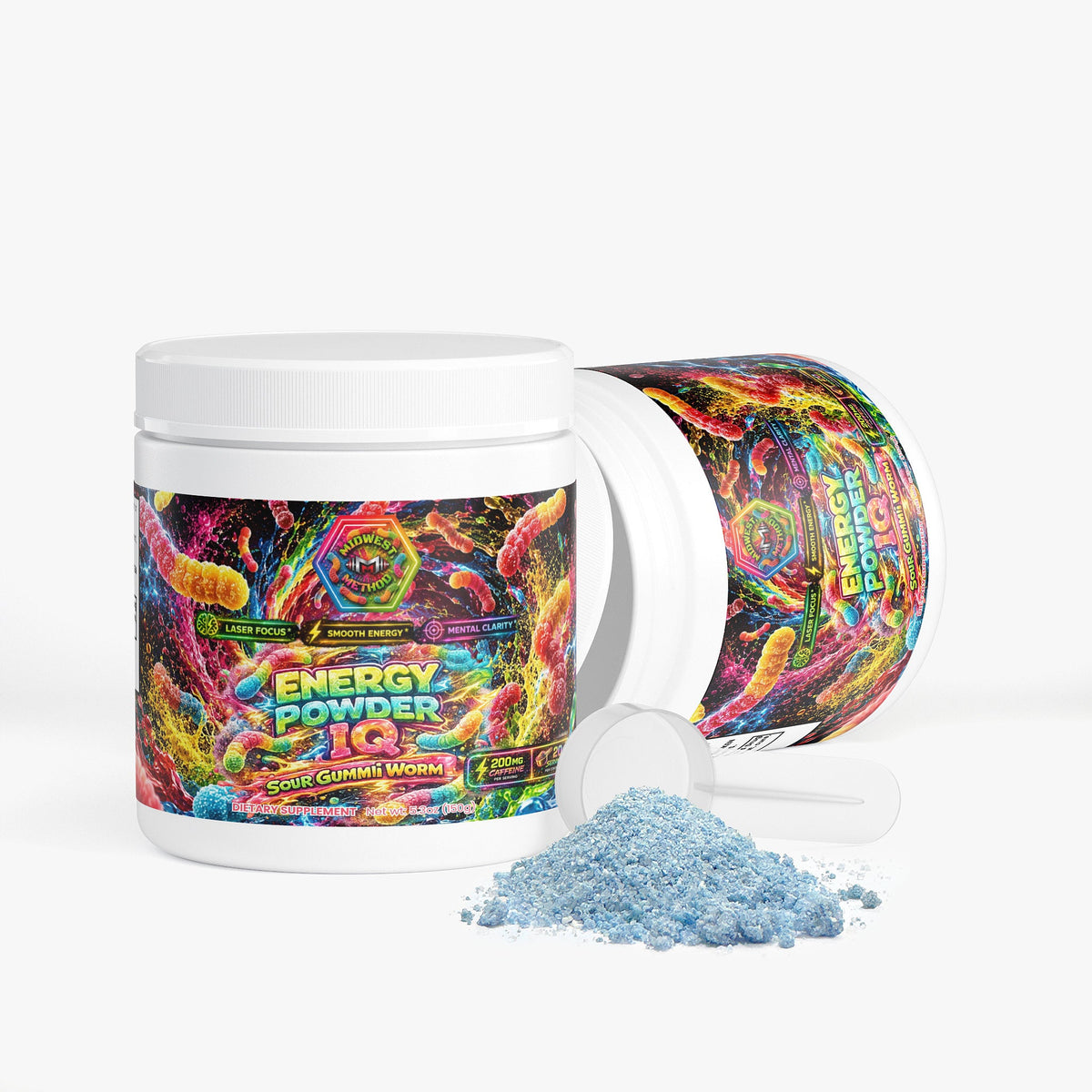 Energy powder container with scoop; blue powder pile spilling in front