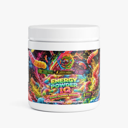 Energy powder container with white lid; colorful label, sour gummy worm flavor