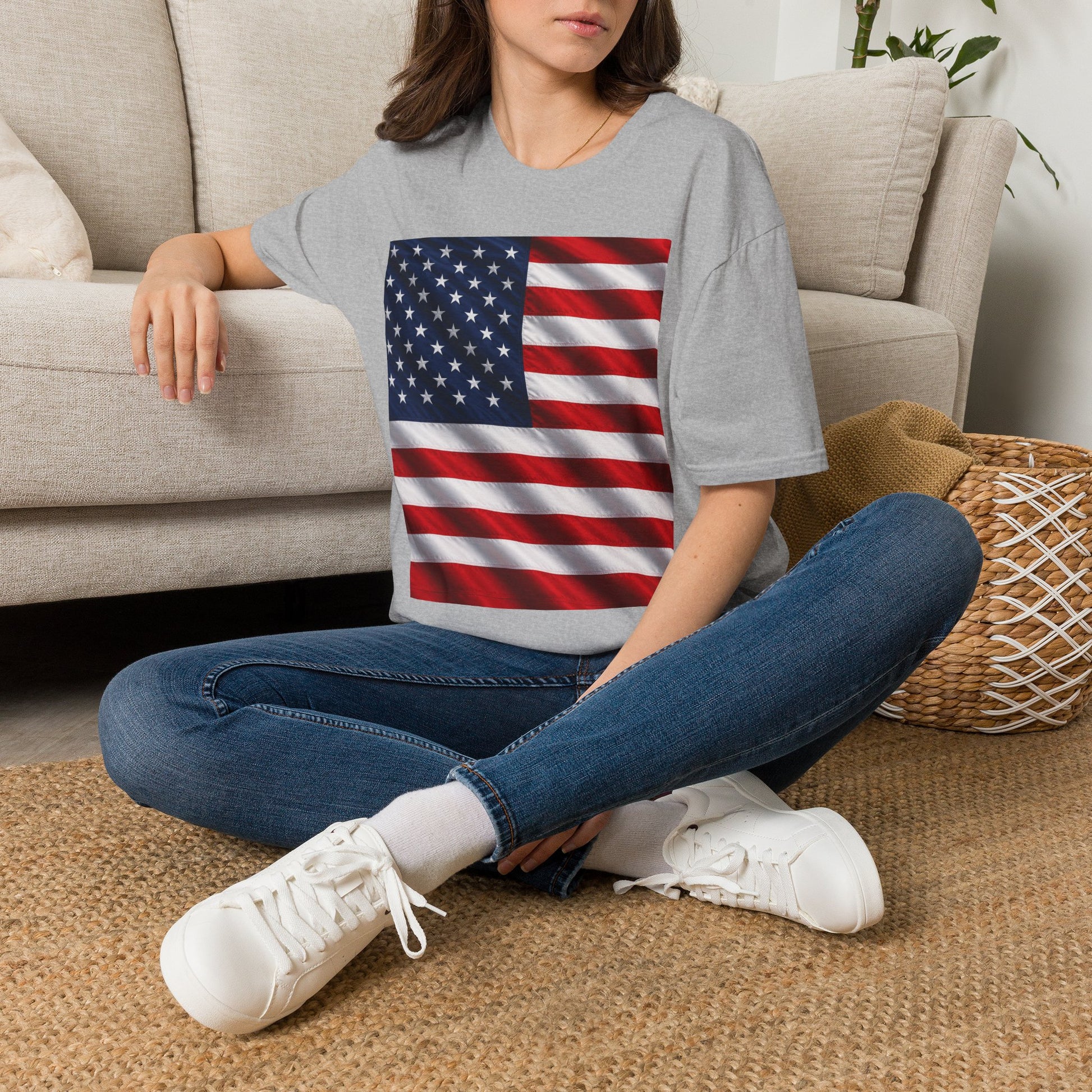 Gray T-shirt with American flag graphic on the front, crew neck short sleeves