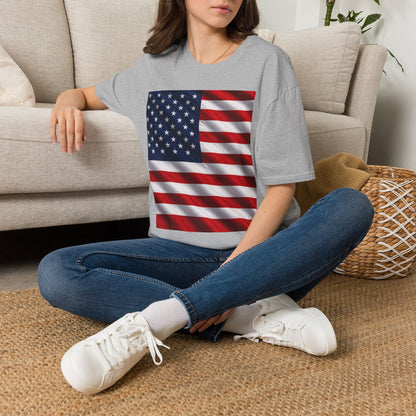 Gray T-shirt with American flag graphic on the front, crew neck short sleeves
