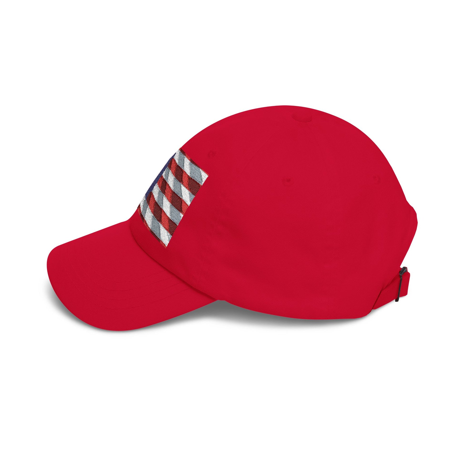 Red baseball cap with striped American flag patch on side