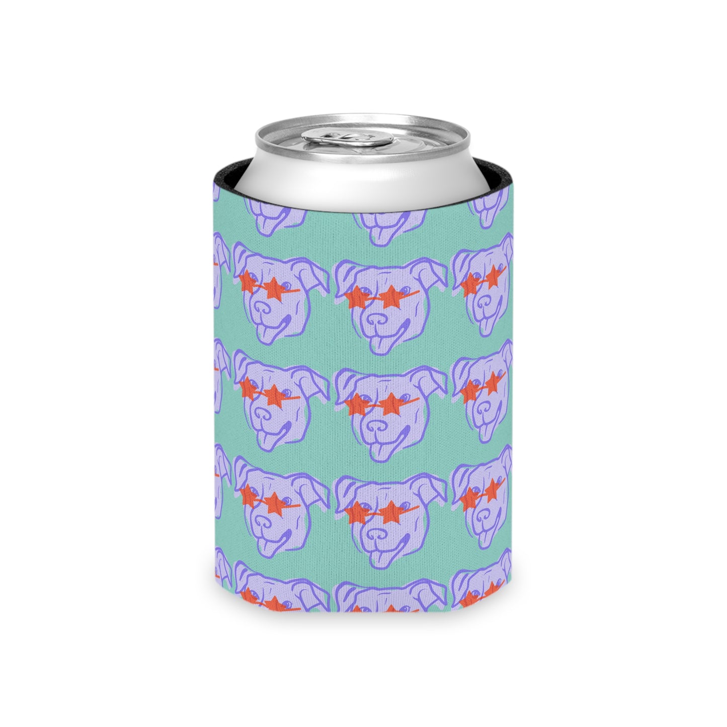 Neoprene beverage insulator on a can, with repeating star-eyed dog pattern in lavender.