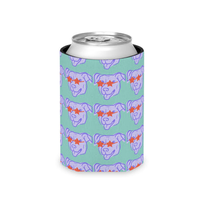 Neoprene beverage insulator on a can, with repeating star-eyed dog pattern in lavender.