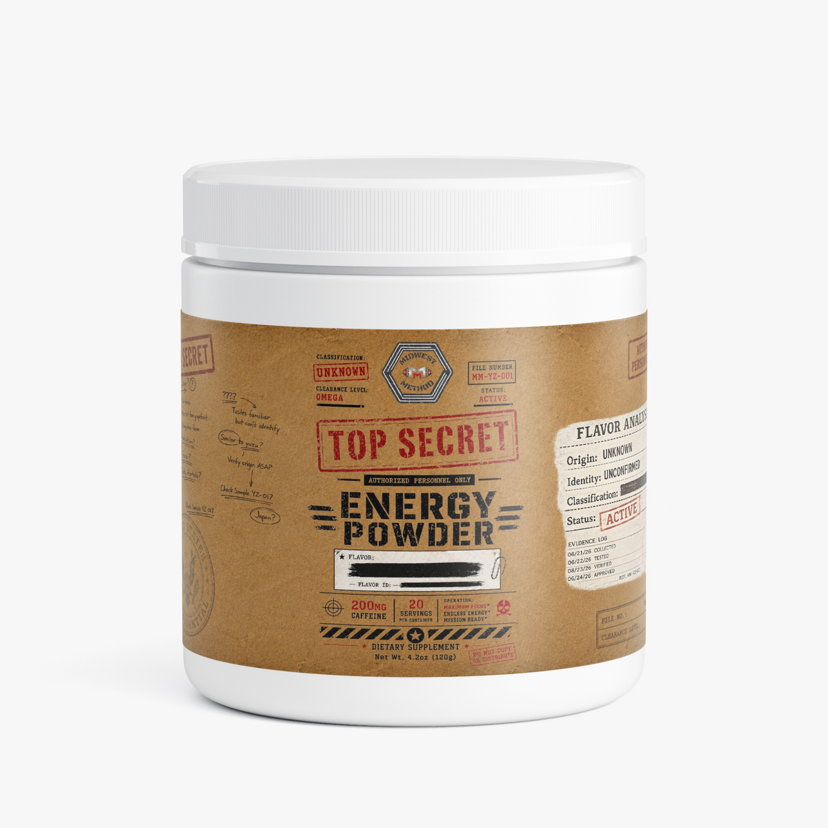 Energy powder supplement container with white lid and gold label, front view.